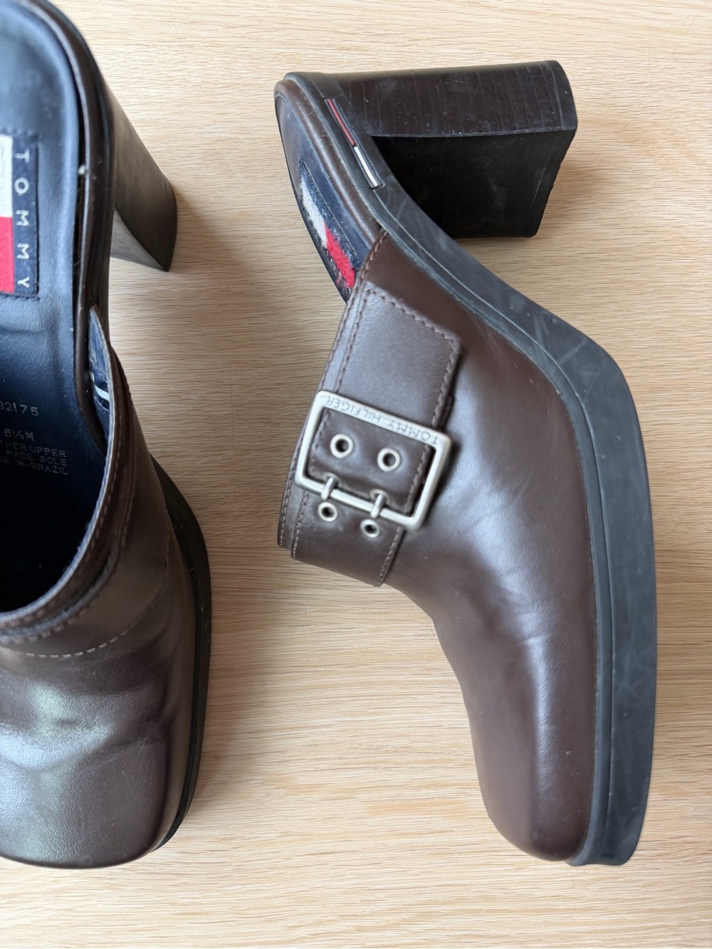 Tommy Hilfiger Brown Leather Buckle Block Heel Mules - Picture 6 of 8